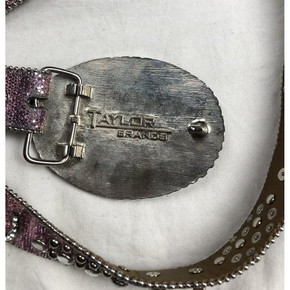 Taylor Brands leather studded Belt Woman Rhinestones Pink Peace and love buckle - Picture 4 of 6
